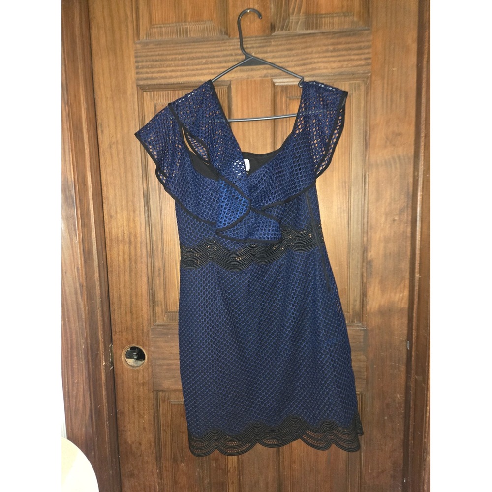 Saylor‎ Womens Cobalt Blue Mesh Ruffle Lace Trim Cocktail Dress Size L